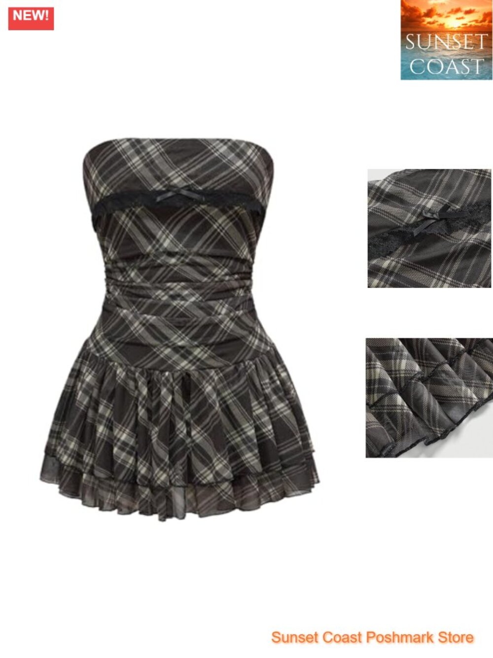Women's Plaid Y2k Mini Dress Gingham Bubble Short Tube Strapless Sleeveless